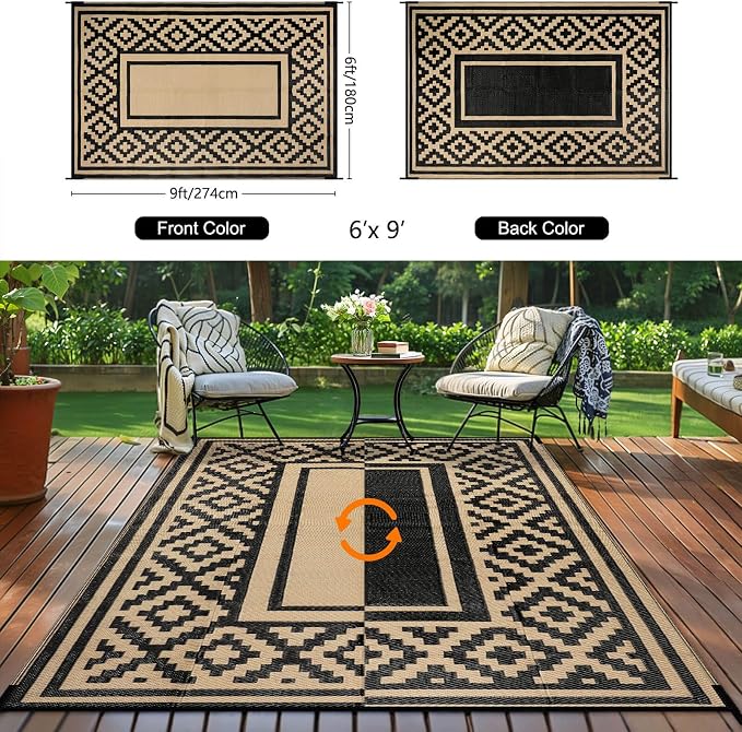 Outdoor Patio Plastic Straw Rug - 6x9 ft Outdoor Camping Rug Waterproof Reversible, Area Carpet Patios RV, Outside Porch Balcony Deck for Camper, Stripe Black Brown