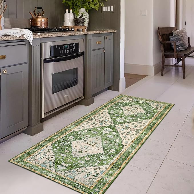 Lahome Felice Boho Tribal Rug - 2x6 Green Bathroom Rug Runner Laundry Room Mat, Vintage Soft Washable Non Slip Accent Carpet for Kitchen Living Room Kitchen Sink Bathroom Doorway