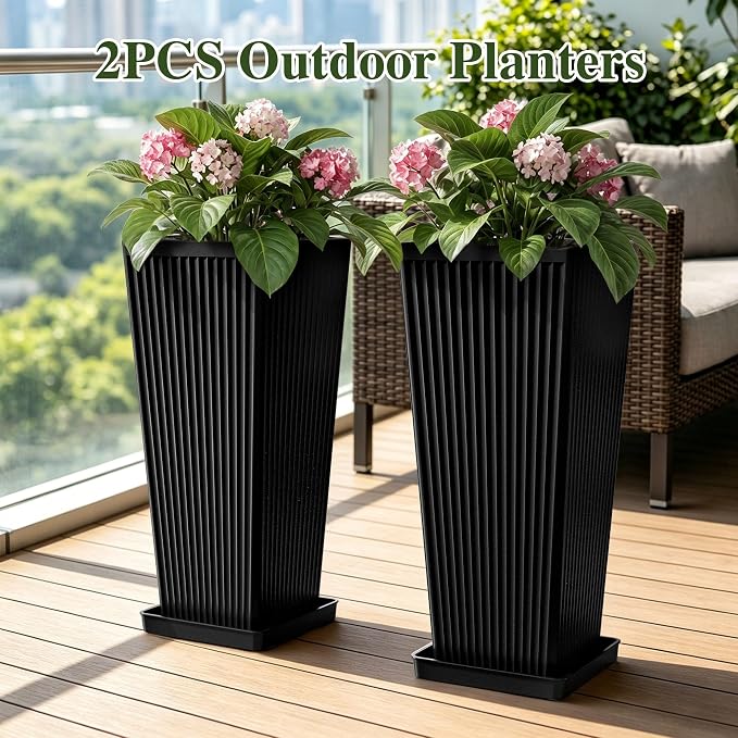 Square Tall Planters for Outdoor Plants Set of 2 - Fluted Large Outdoor Planters for Porch with Tray Saucers and Drainage Holes, Tapered Tall Indoor Flower Pots for Patio Garden, Black