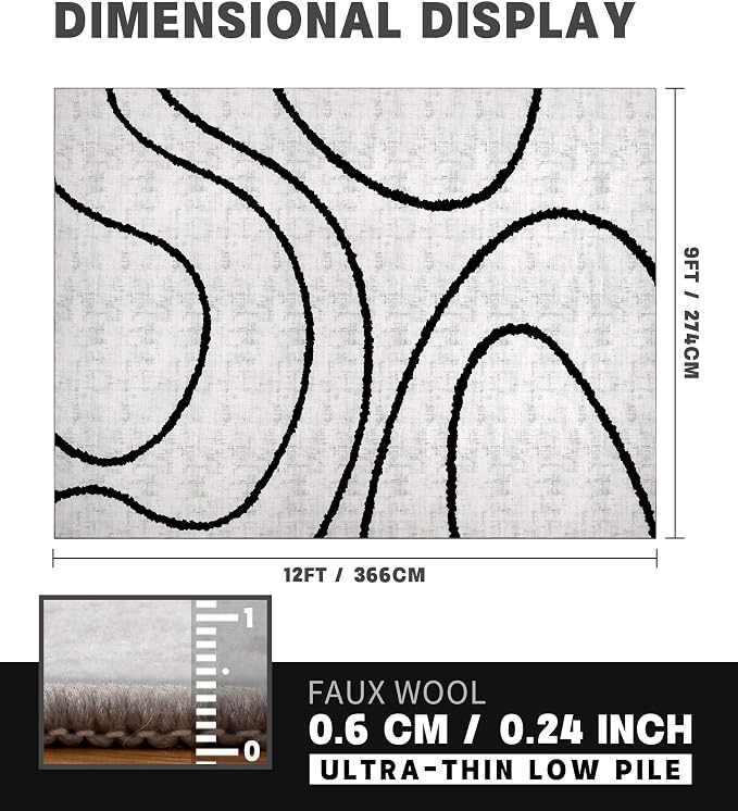 Modern Area Rugs for Living Room, 9x12 Washable Black and White Rug, Thin Abstract Geometric Striped Rug, Area Rug for Bedroom,Kitchen,Dining Room,Office