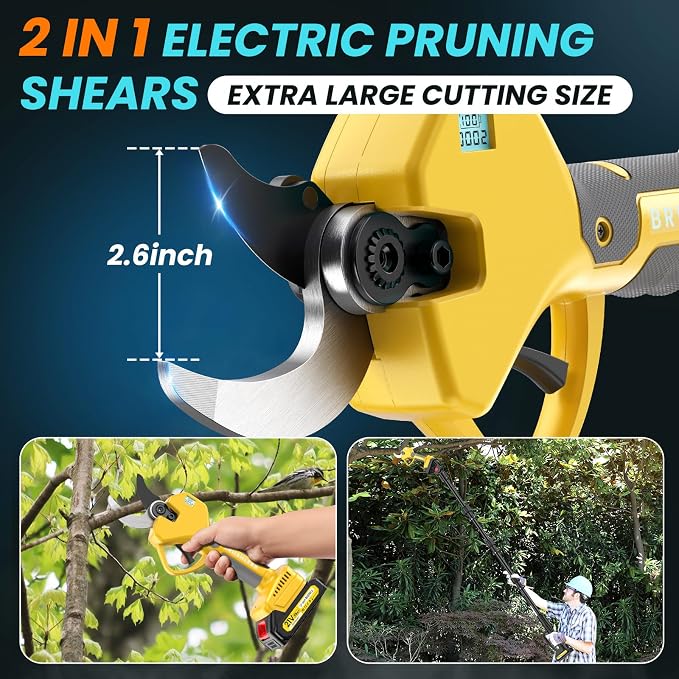 Electric Pruning Shears Cordless 2.6 Inches & Electric Pole Pruner 2-IN-1 with 8ft Pole Reach To 14ft, 2 * 2Ah Battery Pruning Shears, Cordless Pole Pruner Garden Tool for Tree Trimming Branch Cutter