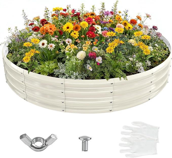 YSEJOMP 6FT Diameter Galvanized Garden Raised Bed/Plant Box/Fire Pit Ring-0.8mm Thick,12 Inch Tall,Crimped Edge and Corner,No Sharpe,Perfect for Plantings (Cream White, 72 Dia X 12 inches)