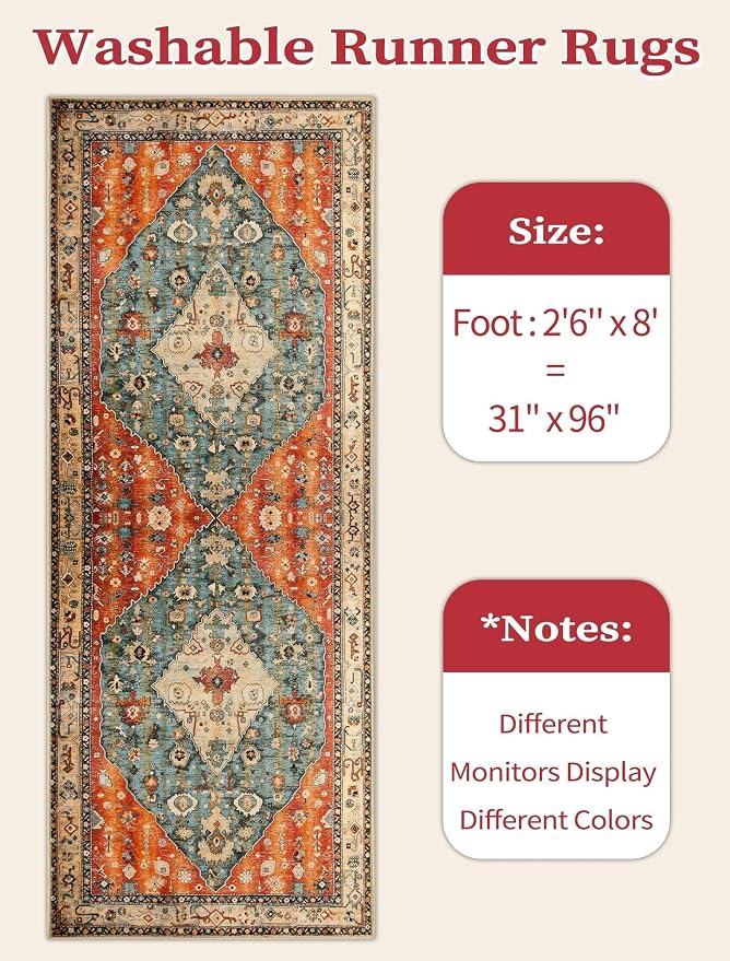 SERISSA 2'6"x8' Washable Non Slip Boho Runner Rug for Hallway | Ultra Soft Vintage Oriental Carpet Low-Pile Distressed Tribal Floor Carpet for Kitchen Bedroom Bathroom Laundry Room