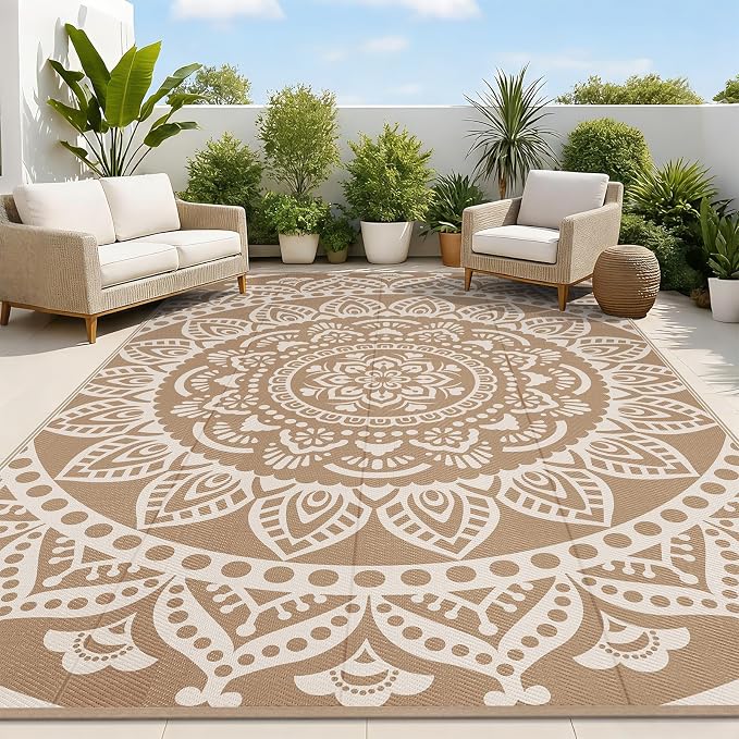 Bsmathom Waterproof Outdoor Rug 8'x10' Brown | Reversible, Boho Plastic Straw, Portable RV Mat, For Patio, Deck, Camping, Porch, Balcony, Backyard, Beach, Pool