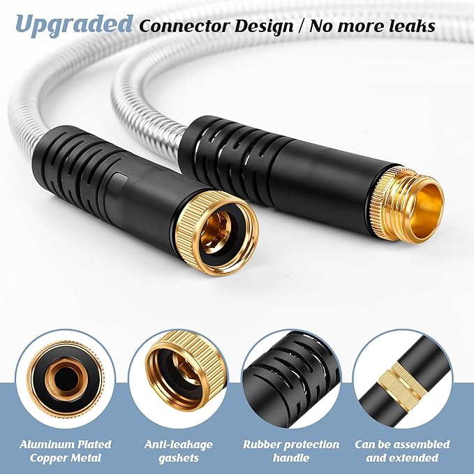 Garden Hose 100FT with 10 Function Nozzle, Water Hose with Leak-proof Connectors No-Kink Lightweight Puncture-proof Pet-proof Sturdy Hose for Outdoor Yard（Light Silver）