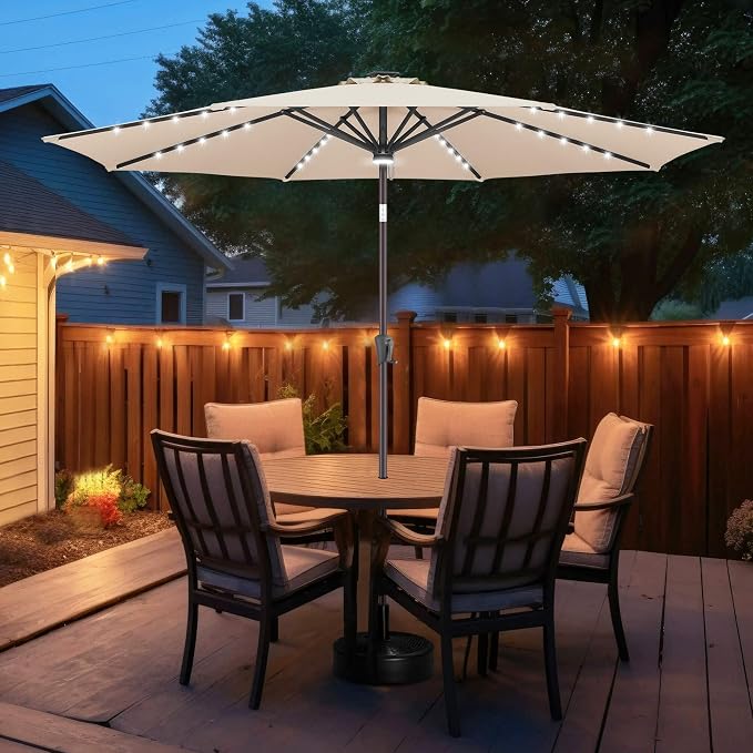FLAME&SHADE 10 FT Solar Light Patio Umbrella, 40 LED Lights Outdoor Umbrella with Centre Surround Light, Table Market Umbrella for Deck, Pool, Porch, Backyard, Garden, UV Protection, Beige