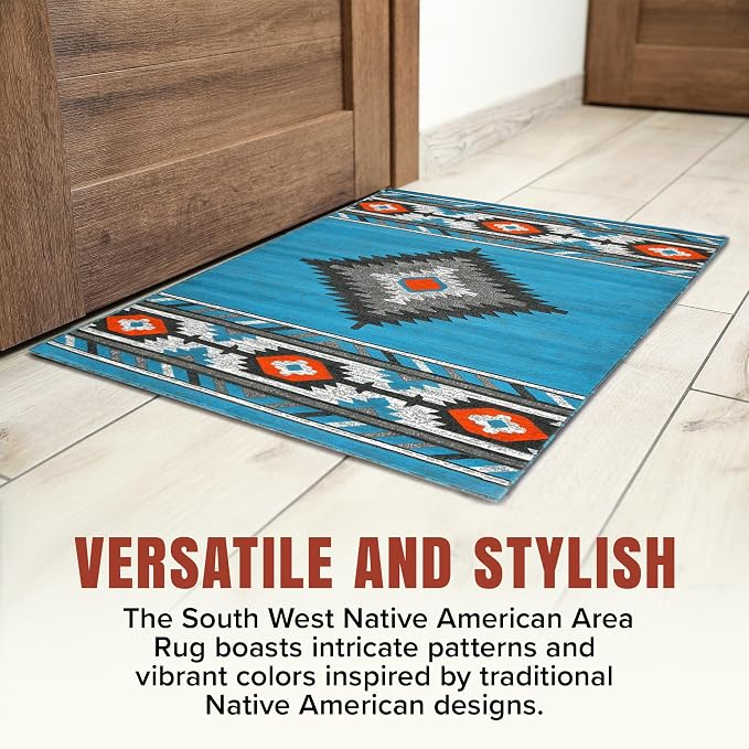 YHSF Southwestern Area Rug - Anti Static & Washable - Blue | Soft Native American Tribal Floor Rugs for Living Room, Bedroom, Hallways, and More - Easy-to-Clean Home Decors