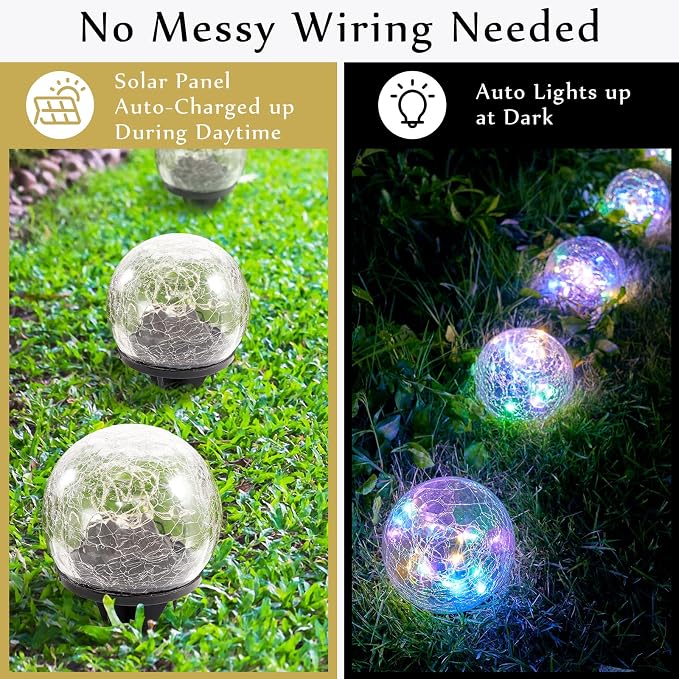 Honoson 12 Pcs Decorative Solar Globe Lights Outdoor Waterproof, 3.9 Inch | LED Cracked Glass Solar Garden Orbs and Ball Lights for Pathway, Walkway, Lawn, Patio, Yard and Backyard Decorations