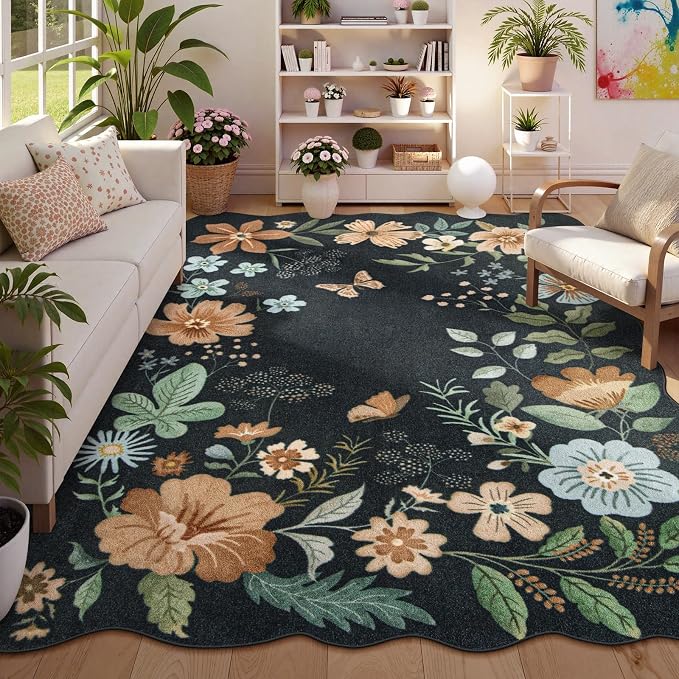 Lahome Floral Washable Rugs 8x10, Soft 8x10 Rugs for Living Room Bedroom | Ultra-Thin Easy Clean Boho Non-Slip Accent Carpet for Dining Room Office Flore (8x10ft, Black Grey)