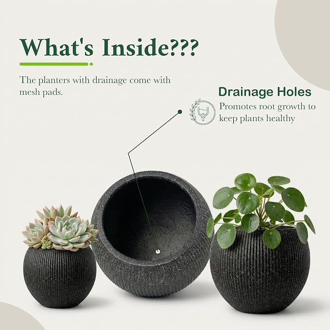 DTY Premium Mt Sherman Fiberstone Sphere Planter for Indoor Outdoor Use, Round Pot for Olive Tree, Lightweight, Smooth Finishes. 2 Coco Mats. Ribbed Black, Medium 16.1'' D x 13.6'' H 11.8” Pot Opening