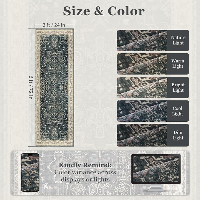 Farmhouse Entryway Rugs 2x6, Low Pile Kitchen Runners Washable Non Slip, Distressed Medallion Printed Carpet Runners for Hallway/Bathroom/Bedroom Bedside/Laundry Room, Midnight/Multi