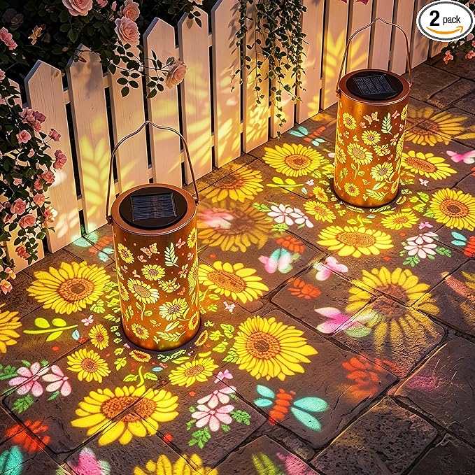2 Pack Upgraded Colorful Sunflower Solar Lanterns Outdoor Waterproof, Decorative Metal Hanging Solar Lantern for Patio Porch Courtyard Tabletop Pathway Garden Decor, Ideal Gifts for Mom Wife Grandma