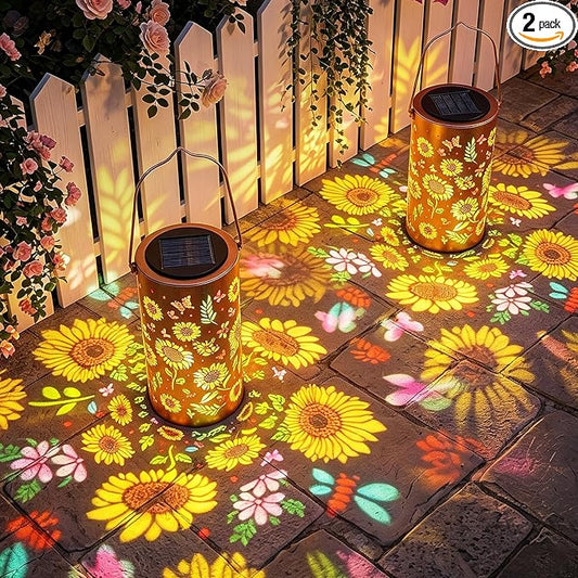 2 Pack Upgraded Colorful Sunflower Solar Lanterns Outdoor Waterproof, Decorative Metal Hanging Solar Lantern for Patio Porch Courtyard Tabletop Pathway Garden Decor, Ideal Gifts for Mom Wife Grandma