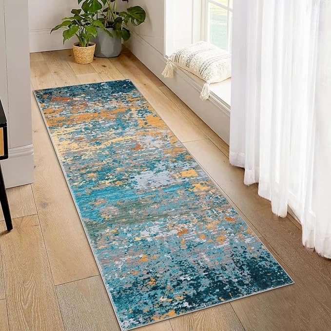 ROYHOME Modern Abstract 2x10 Rug Washable Rug Non Slip Stain Resistant for Bedroom Living Room Non Shedding Low Pile Indoor Floor Cover,Multi Color