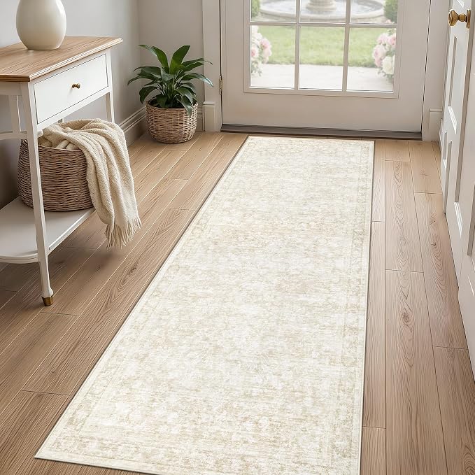 2x8 Hallway Runner Rug: Washable Vintage Floral Entryway Rugs Low Pile Non-Slip Boho Carpet for Kitchen, Bedroom, Bathroom, Dining Room (Beige, 2'x8')