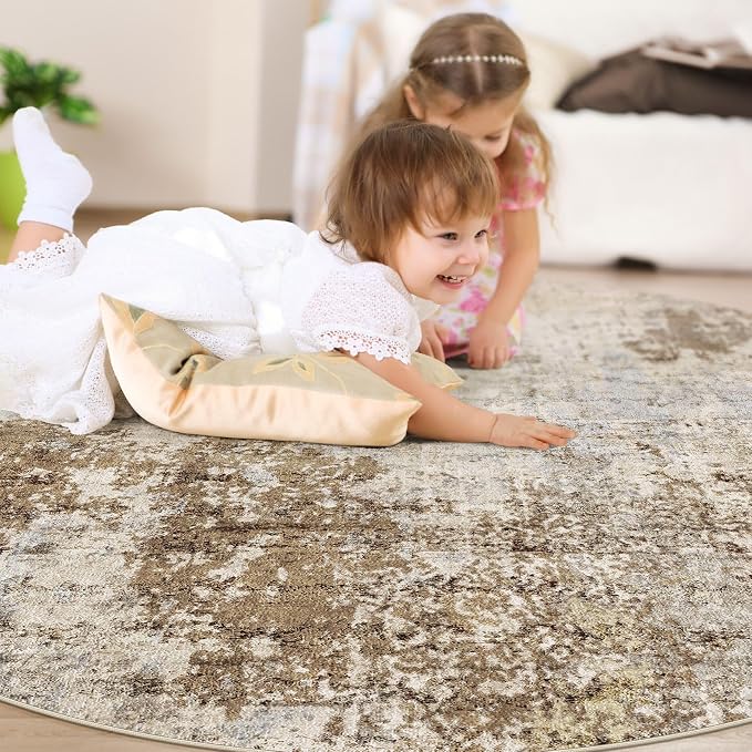 DMOYEST 8ft Round Area Rug for Living Room Washable Non Slip Circle Rug | 8x8 Neutral Modern Abstract Low Pile Rugs Kid & Pet Friendly Soft Carpet for Bedroom Dining Room - Light Brown