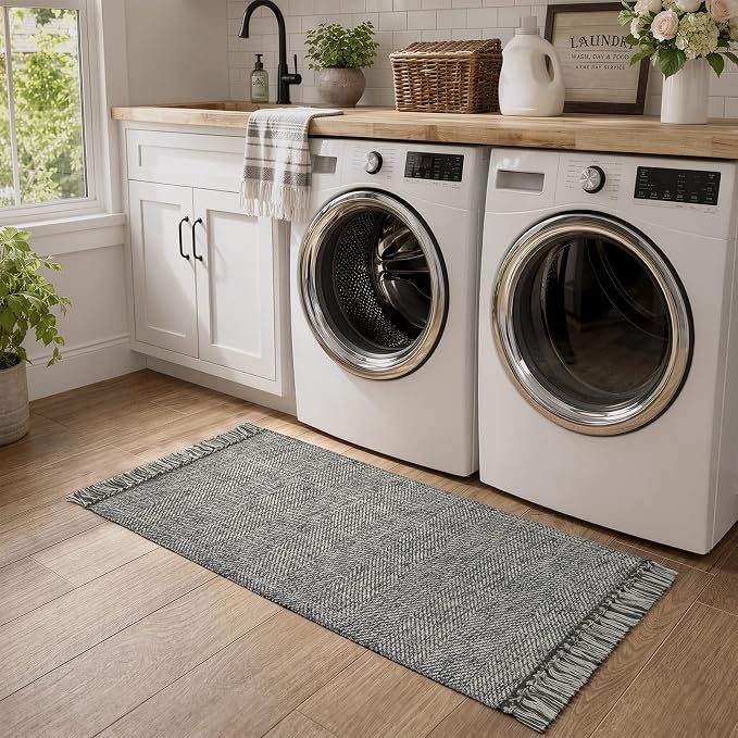 Bathroom Runner Rug, 2' x 5' Modern Farmhouse Kitchen Mats | Hand-Woven Entryway Rugs Runners for Hallway, Gray Boho Washable Laundry Carpet Indoor Front Door Mat for Bedroom Decor