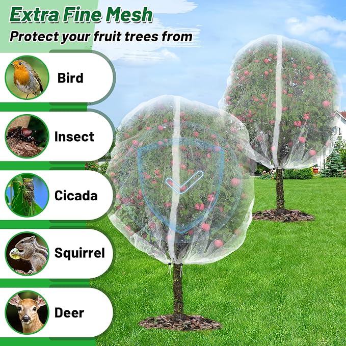 Easy Installation Fruit Tree Netting with Zipper & Drawstring - 8.2x6.6ft Ultra Fine Mesh Garden Protection Screen to Protect Pear Peach Apple from Bird Insect Bug Cicada Deer Squirrel - 2pcs