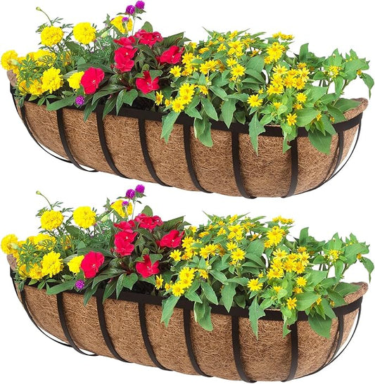 DUNCHATY 24 Inch Railing Planter 2 Pack - Adjustable Metal Window Box Planter with Coco Liner for Deck Balcony Porch Fence - Outdoor Hanging Flower Basket for Herbs & Flowers