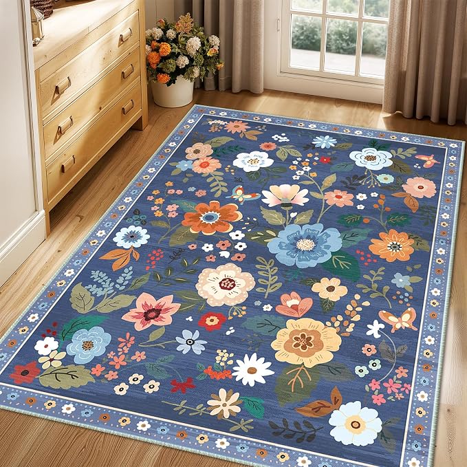 RELEANY Floral Washable 4x6 Area Rugs Blue/Grey | Flower Carpet, Print, Boho, Non-Slip, Easy to Clean, Soft, Low Pile for Living Room Bedroom Kitchen Office Entryway Hallway
