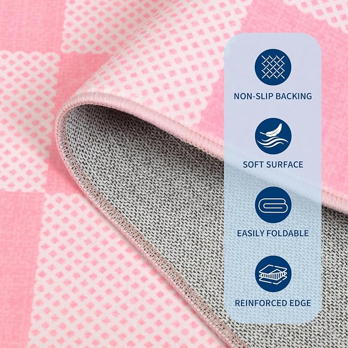 GarveeHome Checkered Pink 3x5 Washable Girls Rug Low-Pile Nursery Bedroom | Pink and White Small Area Rug for Bathroom Entryway Non-Slip Soft Stain Resistant Geometric Rugs TPE Backing
