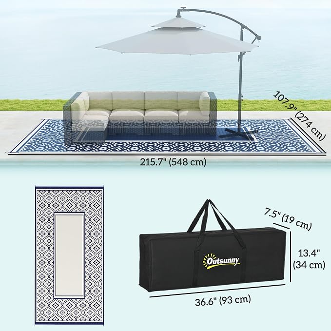 Outsunny Outdoor Rug for Patio, 9' x 18' Waterproof Large Mat, Reversible Plastic Straw Rug for Decor, Portable Outside RV Camping Area Carpet Mat for Backyard Porch Deck Picnic, Blue & White Gourd