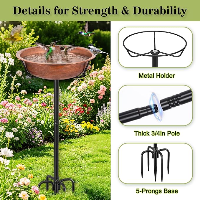Gtongoko 3.2 Inch Deep Metal Bird Bath for Outside Heavy Duty, 35 Inch Height Bird Feeder Birdbaths for Outdoors, Garden Bird Bath Bowl with 5-prongs Base