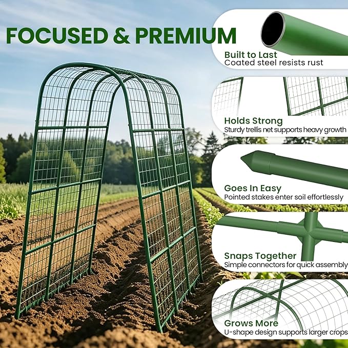 63" H x 47" L x 23" Cucumber Trellis for Raised Beds, Heavy Duty Metal Garden Arch Trellis with Nylon Net & Plant Ties, Vertical Trellis for Climbing Plants, Cucumbers, Tomatoes, Peas & Vines