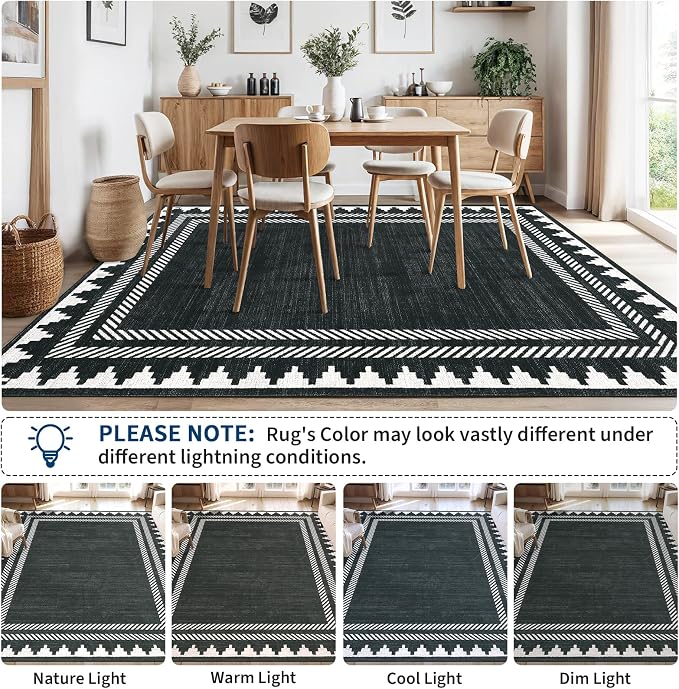 GarveeHome Washable Area Rug 8x10 Modern Neutral Living Room Rug Black Non Slip,Border Geometric Carpet for Bedroom,Soft Non Shedding Solid Rugs Low Pile Carpet for Farmhouse Dining Room Office