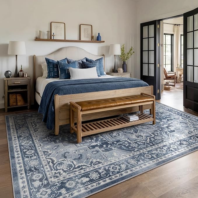 8x10 Blue Gray Rugs for Living Room, Transitional Medallion Washable Large Rug for Bedroom Under Bed, Modern Vintage Distressed Low Pile Thin Soft Carpet Rugs for Dining Room Office