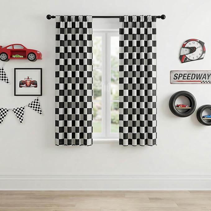 Rod Pocket & Back Tab Checkered Curtains, 100% Blackout, Race car Flag Checkerboard Curtains, Thermal Insulated, Noise Reducing, 3-inch Checkered, 2 Panels, Each W26×L63