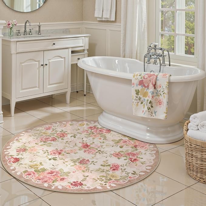 Lahome Floral Round Entryway Rug 4ft,Small Circle Rug for Girls Bedroom | Bathroom,Vintage Carpet for Kids Room, Nursery,Office, College Dorm Reading Nina