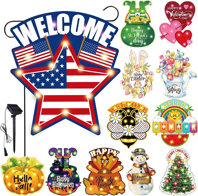 Reallnaive 12 Pcs Solar Seasonal LED Garden Flags 12 x 18 Inch Yard Flags 4th of July Summer Fall Halloween Thanksgiving Day Decorations Welcome Garden Flag Lawn Yard Outdoor Holiday Decoration