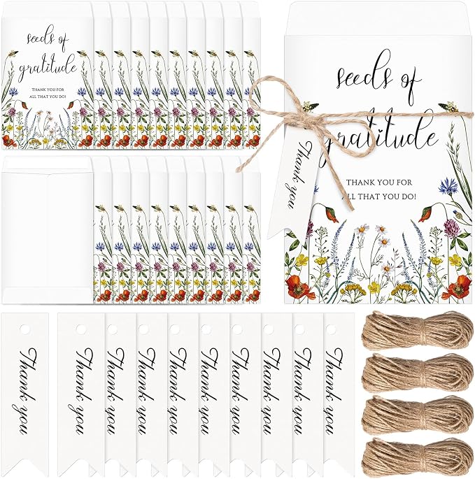 Chuangdi 100 Sets Seeds of Gratitude Seed Packets Bulk Wildflower Party Favors Self Adhesive Paper Empty Envelope with Thank You Tags Thank You Gifts for Baby Shower Wedding Party Guests (No Seed)