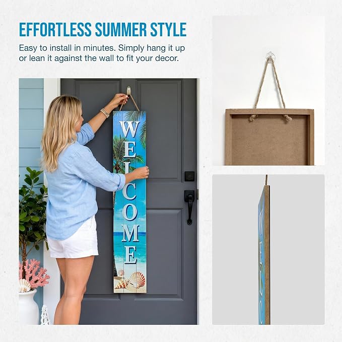 Vertical Wood Welcome Sign for Front Porch Vertical Decorative Sign Front Door Outdoor Indoor Welcome Sign 47.2x7.8 Inch Beach Shell Outdoor Decor for Welcome Front Porch Decorations.