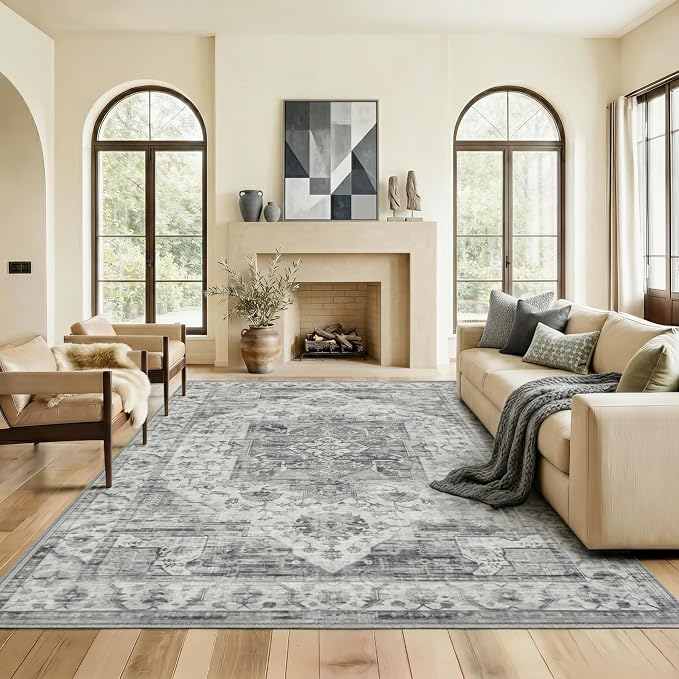 5x7 Area Rug for Living Room Vintage Neutral Washable Rugs | Stain Resistant Farmhouse Boho Floral Indoor Carpet for Bedroom Office and Home Decor(Black&Grey)