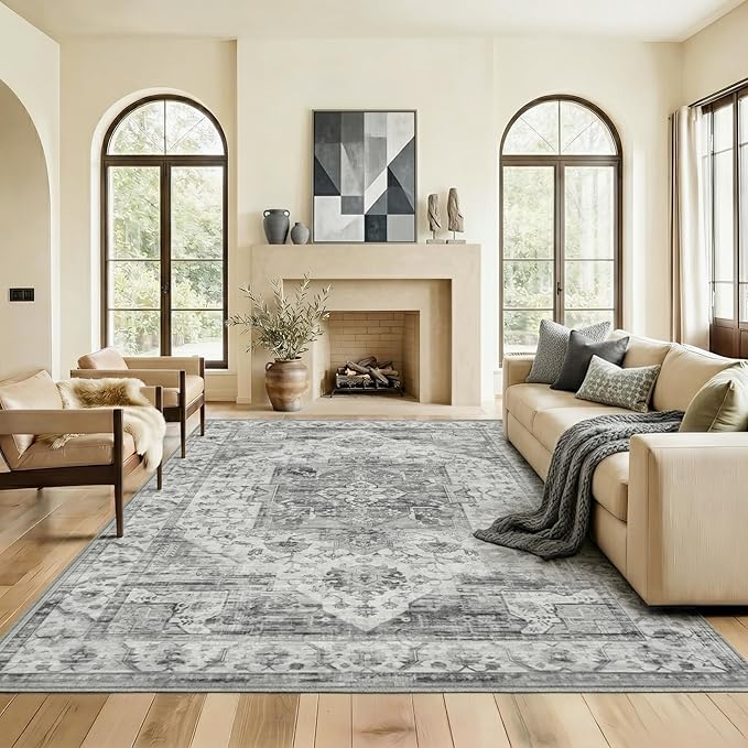 9x12 Area Rugs Washable Large Vintage Rug for Living Room Bedroom | Farmhouse Boho Floral Neutral Washable Stain Resistant Indoor Carpet for Bedroom Office and Home Decor (Black&Grey)