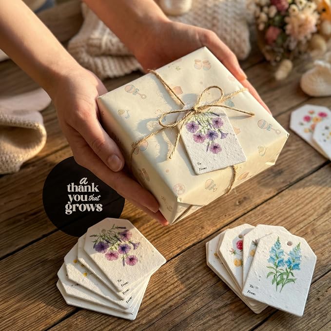 24Pcs Plantable Seed Paper Tags with Wildflower Seeds 4 Floral Designs 12 Each Thank You Tags for Birthdays, Weddings, Baby Shower, Bridal Shower, Teacher, Wrapping Tags, Party Favors