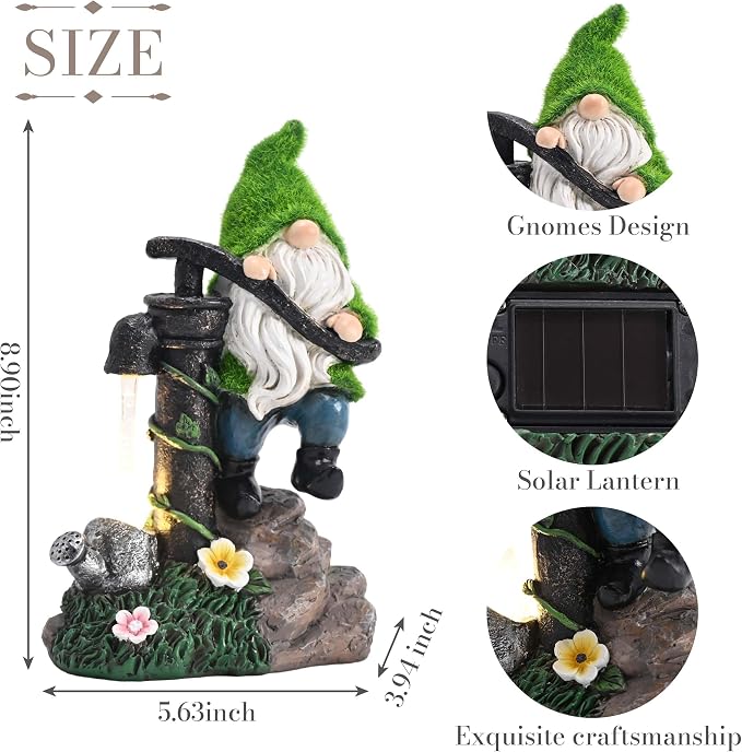 TERESA'S COLLECTIONS Garden Decor, Garden Gnomes Pumping Water,Gnomes Decor, Waterproof Resin with Solar Lights, Garden Decor, Garden Gifts for Mom,Indoor/Outdoor,9"