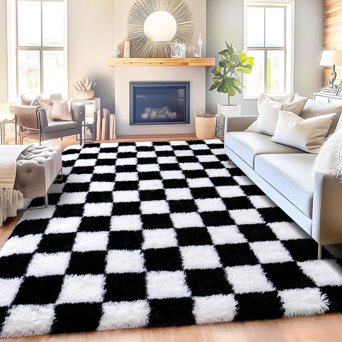 Black and White Checkered Rugs for Bedroom, 4x6 Ultra Fluffy Fuzzy Shag Area Rug for Living Room, Modern Plush Soft Upgrade Non-Slip Carpet for Kids Girls and Boys Room Dorm Nursery Home Decor