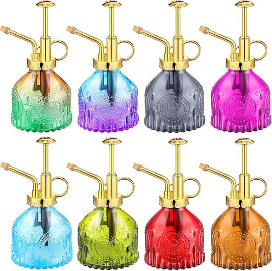8 Pcs Glass Plant Mister Spray Bottle 200ml Vintage Plant Spritzer Multicolor Succulent Watering Bottle Watering Can 6.4'' with Plastic Top Pumps for Indoor Outdoor Succulents Garden Plants (Gold)