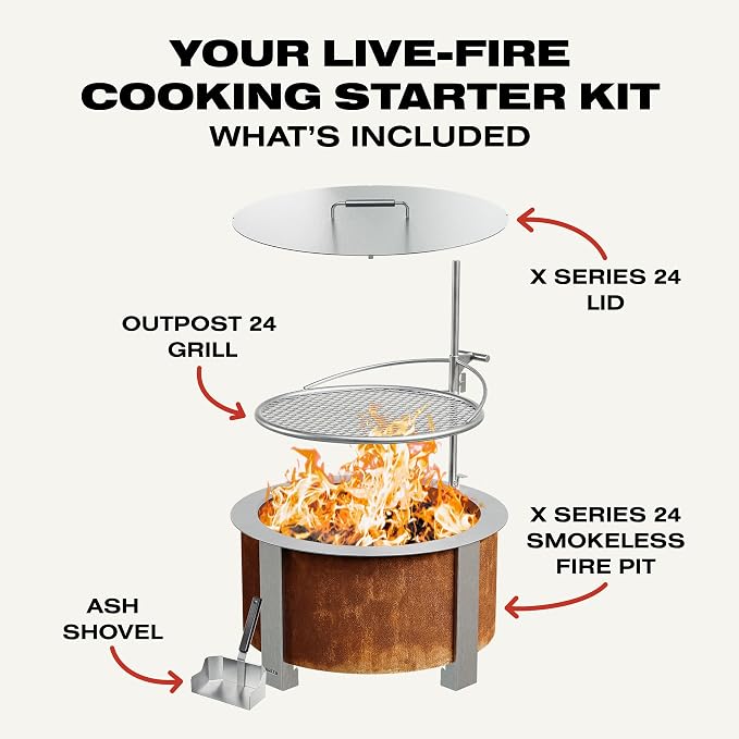 Breeo Smokeless Fire Pit Grilling Bundle (X Series 24 Corten Steel, Outpost Grill, Ash Shovel, & Lid) | 27.5 inch Smokeless Firepit for Outside | Ideal for Families