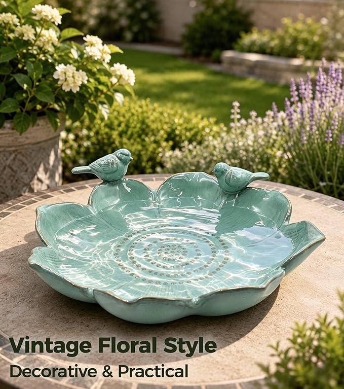 11.8" Ceramic Birdbaths for Outdoors | Bird Bath for Outside with Bird Figurines, Decorative Outdoor Bird Bath Bowl for Garden Decor, Gifts for bird lovers