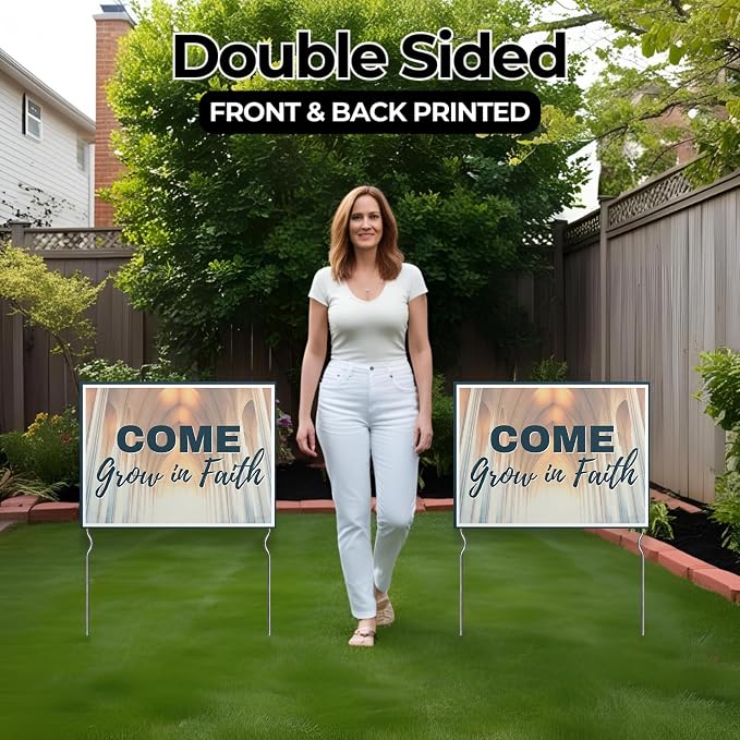 Come Grow in Faith! Yard Sign by DC | 24"x18" Double Sided Church Garden Sign with 13” Metal Stakes | Outdoor Signs Waterproof for Lawn, Patio, Sidewalk & House | Set of 2 | Made in USA