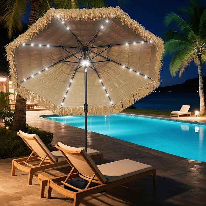 9FT Tiki Thatched Umbrella With Solar Lights for Outdoor Patio Poor Garden | 8 Steel Ribs,Zinc Alloy Push Button Tilt,UPF 50+,Strong Wind Resistance,9-12 hours of lighting,45°of tilt,Easy Set Up