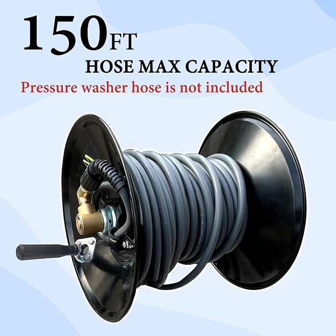 M MINGLE High Pressure Washer Hose Reel 150ft x 3/8" / 300ft x 1/4" | Heavy Duty Steel Hose Reel, Manual Crank Power Washer Hose Reel with Swivel Arm and Mounting Bracket, 4000 PSI