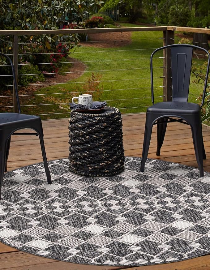 Unique Loom Outdoor Trellis Collection Area Rug - Traliccio (3' Round, Charcoal/ Ivory)