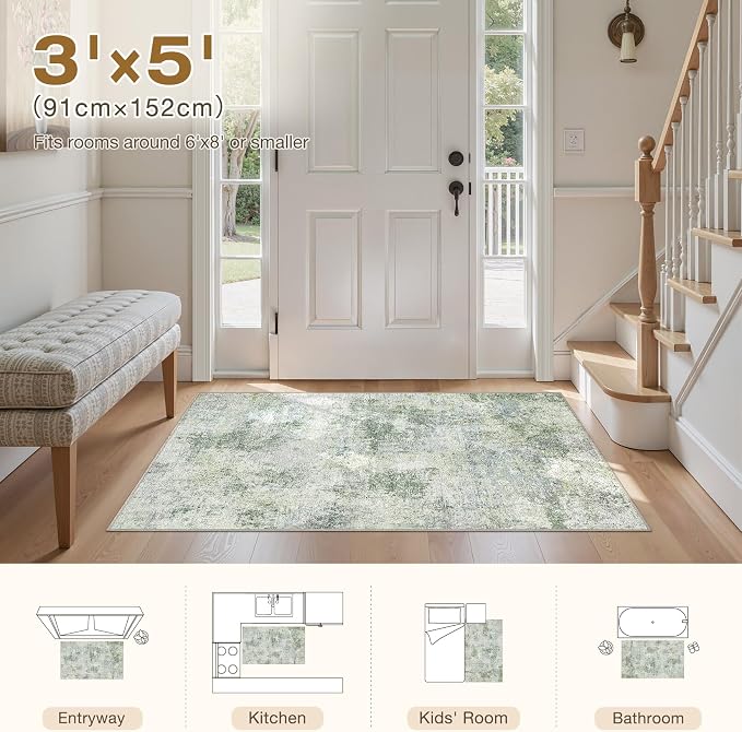 Tortania Area Rug Living Room Rugs - 3x5 Washable Soft Neutral Boho Moroccan Farmhouse Mat Indoor Floor Carpet for Bedroom Under Dining Table Home Office Decor - Sage Green