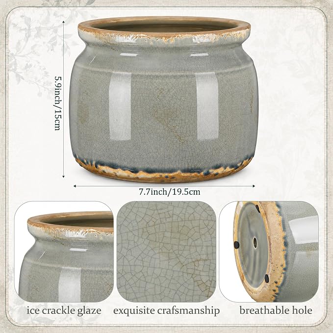 7.7" Large Ceramic Plant Pot Grey Vintage Planter Crackle Glaze Decorative Retro Flowers Pot with Drainage for Indoor Outdoor Plants Home Shelf Kitchen Office Patio Decor Gift