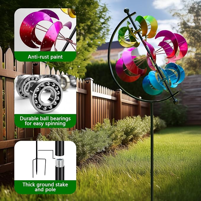 Large Metal Wind Spinner for Garden and Yard – 63 Inch Kinetic Outdoor Sculpture with Dual Direction 360° Spinning Blades – Weather Resistant Moons Yard Art Decor for Patio, Lawn, and Porch